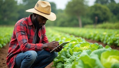 Obraz premium African farmer uses digital tablet for research, collects data. Checks green cabbage plants, monitors crop health in farm field. Man manages smart agri tech for sustainable food production, future