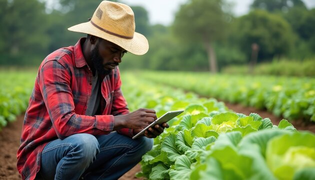 African farmer uses digital tablet for research, collects data. Checks green cabbage plants, monitors crop health in farm field. Man manages smart agri tech for sustainable food production, future - Powered by Adobe