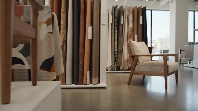 Cinematic dolly shot sweeping past meticulously crafted wood furniture components and high-end upholstery fabric samples in a bright showroom modern, clean, product development