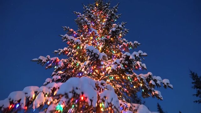 Cinematic low angle dolly shot gliding past a towering snow-dusted evergreen decorated with multicolored electric strands glowing softly at twilight majestic, seasonal, wide shot