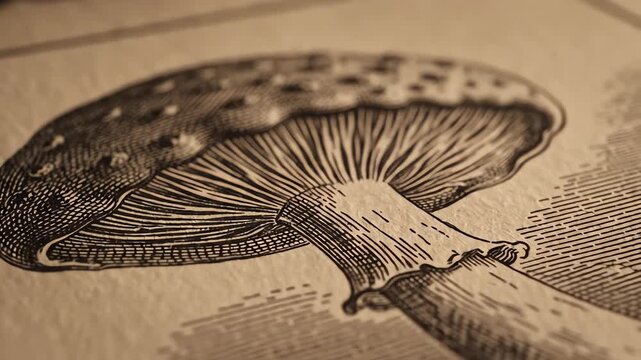 Cinematic macro dolly shot gliding over the highly textured surface of a shiitake mushroom vintage engraving macro, abstract, stylized