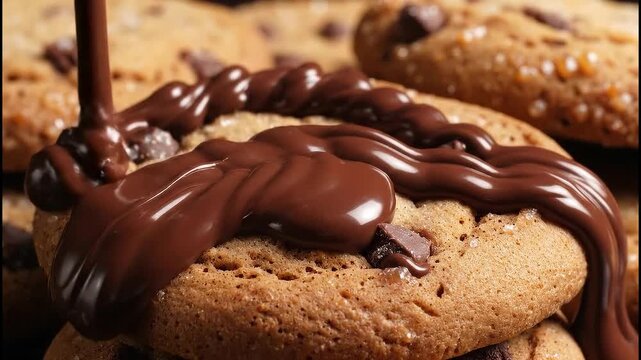 Molten chocolate drizzled over a stack of homemade chocolate chip cookies, close up of sweet dessert