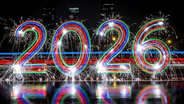 Sparkling 2026 new year celebration with vibrant light trails and city backdrop, perfect for festive greetings and future event promotions, capture the excitement and anticipation
