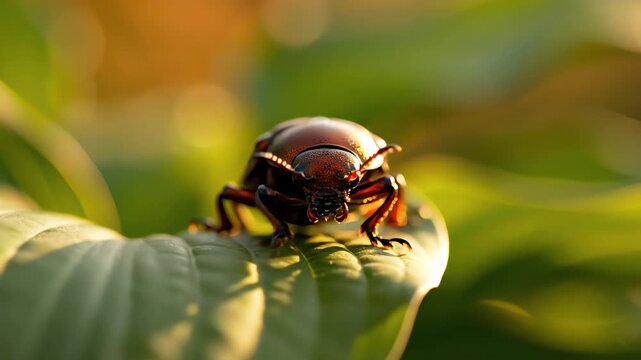 Cinematic macro view of a sturdy copper beetle resting on a bright green hosta leaf edge during warm golden hour light with soft bokeh background cinematic macro, daylight, close-up