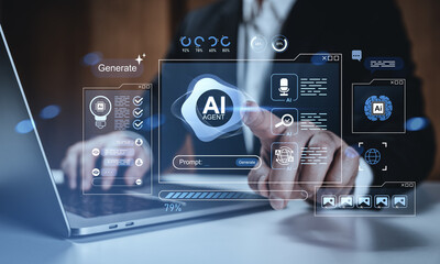 Futuristic AI agent interface concept with businessman using laptop and digital elements on tech background showing artificial intelligence features.