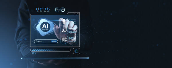 Futuristic AI agent interface concept with digital hologram and human hand interacting on dark tech background in creative technology environment.