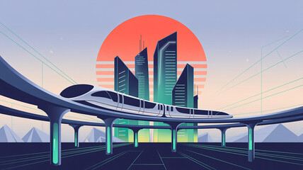 Fototapeta premium Envision futuristic travel with a sleek modern train gliding past vibrant cityscapes, perfect for showcasing innovation and cutting-edge transportation solutions in a dynamic world