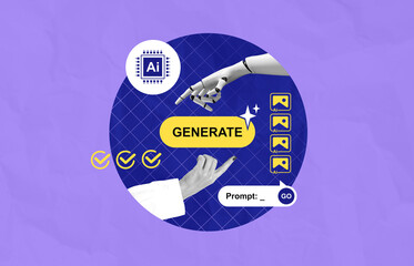 AI image generation concept with human and robotic hands over tech-style background and creative prompt interface design elements in purple setting.