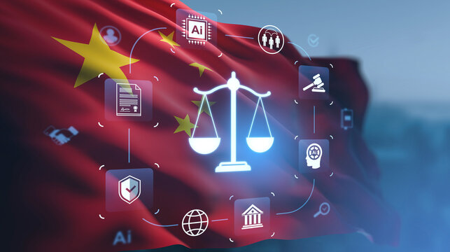 Legal balance and artificial intelligence concept with icons over Chinese flag background representing AI regulation and governance in tech law.