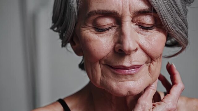 Senior woman enjoying self-care routine at home. She smiles softly while touching her neck. Relaxing atmosphere promotes wellness and beauty.