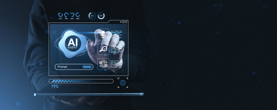 Futuristic AI agent interface concept with digital hologram and human hand interacting on dark tech background in creative technology environment.