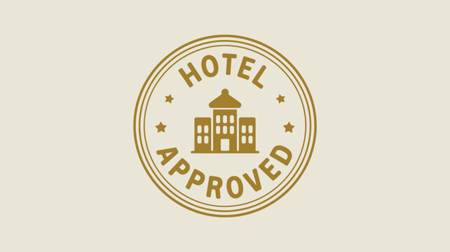 A hotel approved stamp with a building icon in the center surrounded by stars and double circles
