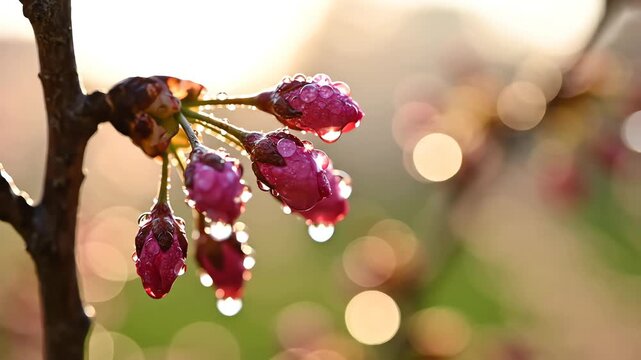 Cinematic slow motion close-up of delicate pink cherry tree buds glistening with tiny water droplets in the soft early morning light peaceful, bokeh, dew