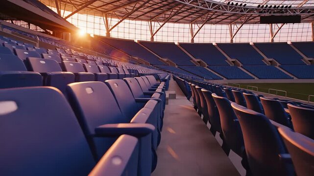 Cinematic slow pan across rows of empty modern stadium seats bathed in warm orange and gold light during a dramatic golden hour sunset shadows, wide angle, dramatic