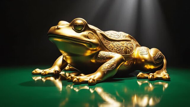 Cinematic smooth orbiting shot circling a detailed golden frog sculpture placed on a highly polished dark emerald stage floor detailed, floor, dark