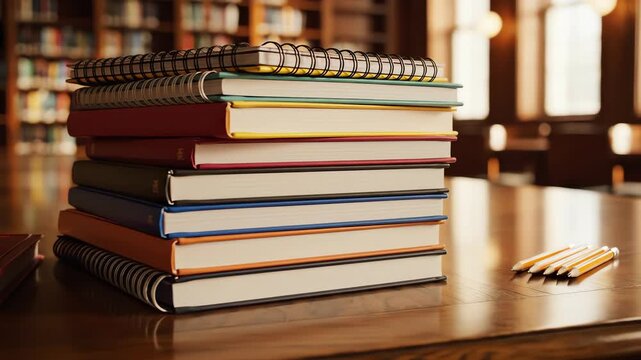 Cinematic smooth track revealing a perfect stack of new, colorful, pristine textbooks and spiral notebooks resting on a library table brand new, professional, college