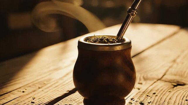 Cinematic static shot of a traditional wooden yerba mate gourd with a metallic bombilla resting on a rustic wooden table illuminated by soft golden hour lighting composition, earth tone