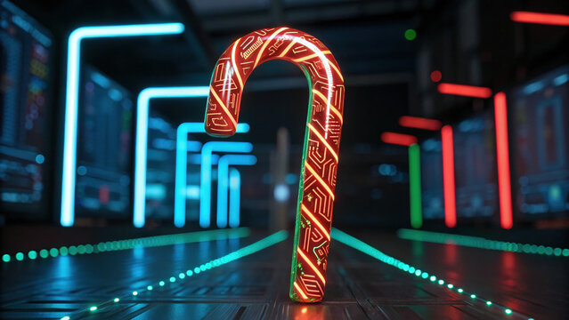 Christmas cyber security concept with glowing candy cane and circuit pattern in futuristic server room, festive and high tech atmosphere
