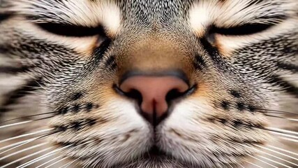 Ultra-sharp macro shot of tabby cat nose with perfect texture and long white whiskers filling the frame while cat breathes calmly against soft neutral background.