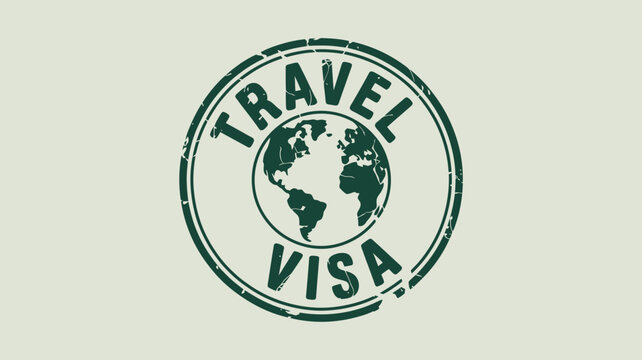 A green travel visa stamp with a world globe in the center on a light background image design art