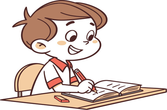 Cartoon illustration of children reading books and studying at a school desk