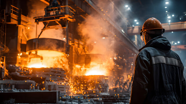 Steelworkers overseeing the intense pour of molten metal in a foundry