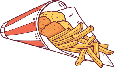 Tasty cartoon vector illustration of french fries with ketchup and cola snack meal