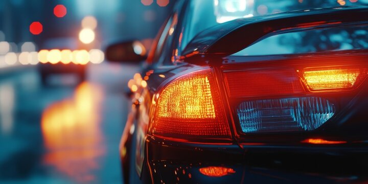 A car on a wet street during nighttime with illuminated taillights and headlights reflecting off the ground.