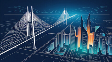 Fototapeta premium Explore the future with this modern city skyline blueprint featuring a stunning suspension bridge and vibrant urban architecture, perfect for technology and engineering themes