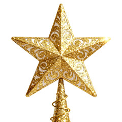 Golden Glitter Christmas Tree Topper Star on Transparent Background