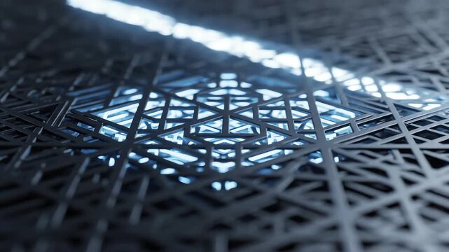 Close up macro shot of light and shadow shifting across a geometric grid, slowly illuminating a previously hidden pattern that reveals a structural solution background, futuristic, abstract