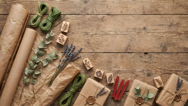 Rustic gift wrapping supplies create an elegant, handmade aesthetic
