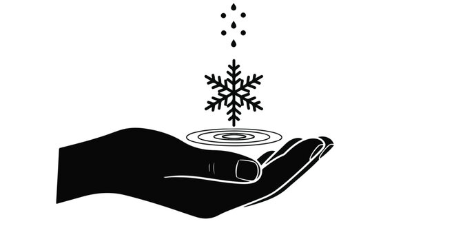 Open hand holds a delicate snowflake and falling water droplets in a symbolic gesture of care and nature