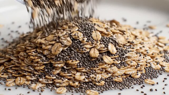 Close up shot of dried rolled oats and small chia seeds tumbling and mixing together against a smooth surface ready for making protein energy bites vegan, healthy lifestyle, preparation