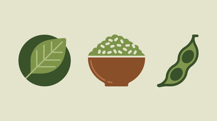 Illustration of a leaf in a circle, a bowl of green food, and a pod, all on a light background