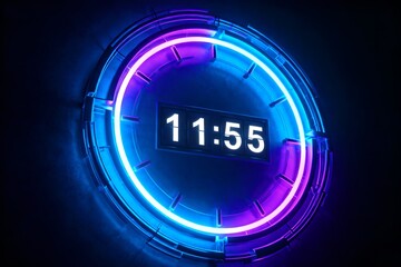 Abstract glowing rings form a wall clock counting down to New Year's midnight, the clock shows 11:55. dark background.