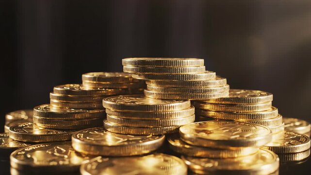 Close-up slow motion dolly shot of highly polished metallic currency disks stacking rhythmically, symbolizing steady capital accumulation and profit increase cinematic, finance, economy