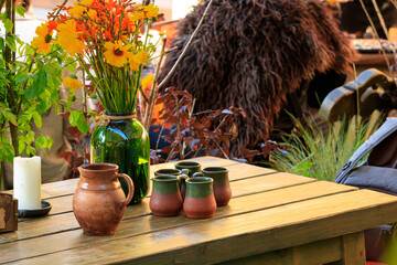 still life dishes without food on table garden outdoor restaurant spring bright vivid view service