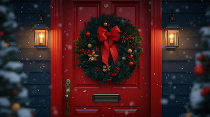 Festive Doorway in Winter: A vibrant red door, adorned with a festive wreath and illuminated by soft lanterns, welcomes the enchanting magic of the holiday season.