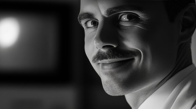 Man with dark eyes and mustache in black and white photo. - Powered by Adobe
