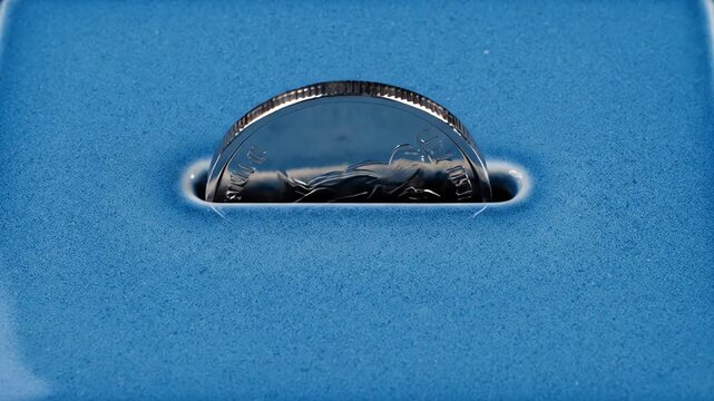 Crisp high angle overhead perspective shot of a silver deposit token smoothly entering the narrow coin slot of a matte blue ceramic money box aerial perspective, deposit, simple composition
