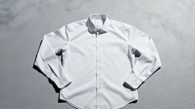 Crisp white dress shirt materializing out of subtle vapor and settling smoothly onto a flat expansive light gray textured studio surface for product display settling smoothly, reveal, apparel