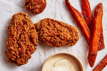 Crispy fried chicken pieces and sweet potato fries served with a creamy dipping sauce on a white surface, presented in a top-down view, Close-Up