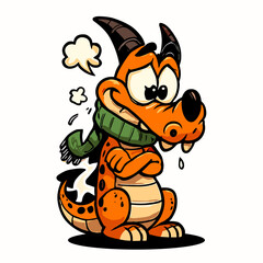 Cartoon dragon feeling chilly with scarf on