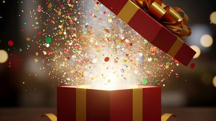 Exciting gift opening revealing a magical explosion of colorful confetti and twinkling lights creating a festive atmosphere of surprise and joy