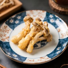 4k high quality Ai generative HD photo realistic menu selling restaurant eat dish snack Japanese food traditional coated tempura deep fried seaweed crispy fancy plate shimeji brown mushroom