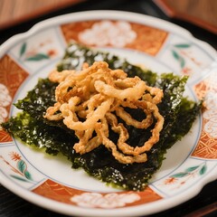 4k high quality Ai generative HD photo realistic menu selling restaurant eat dish snack Japanese food traditional coated tempura deep fried seaweed crispy keripik kerupuk enoki mushroom
