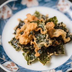 4k high quality Ai generative HD photo realistic menu selling restaurant eat dish snack Japanese food salmon fish skin coated tempura deep fried seaweed crispy keripik kerupuk fancy flower plate