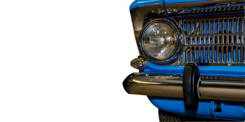 Close-up of a blue car's front end