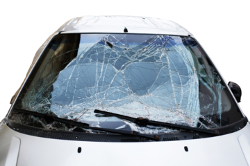 A cracked windshield on a white van